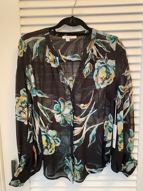Chico's Black Sheer Floral Button-Front Blouse with Teal and Yellow Accents